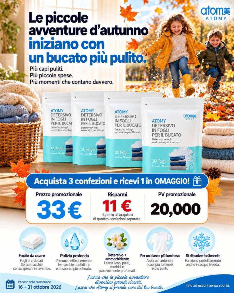 Promozione Atomy di ottobre: detersivo in fogli per il bucato, acquista 3 confezioni e ricevi 1 in omaggio