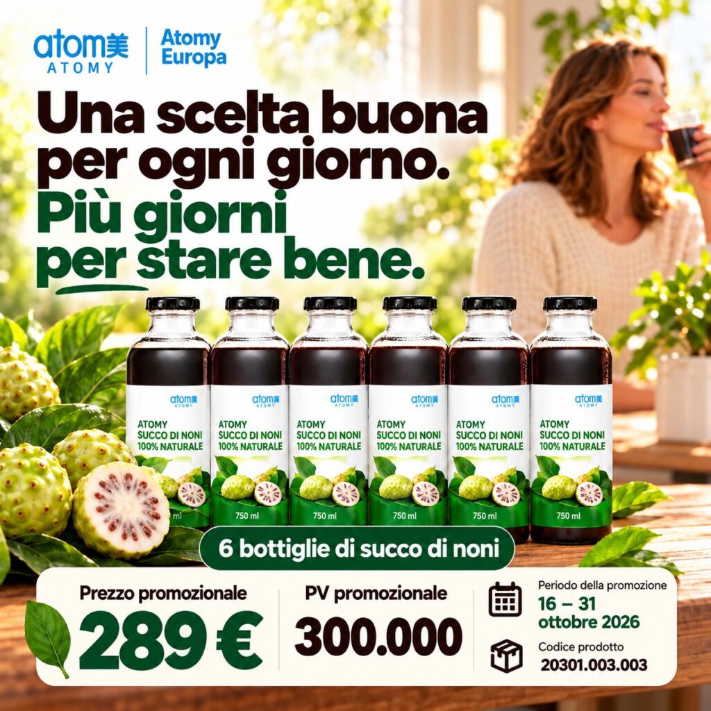 Promozione Atomy di ottobre: confezione da 6 bottiglie di succo di noni 100% naturale